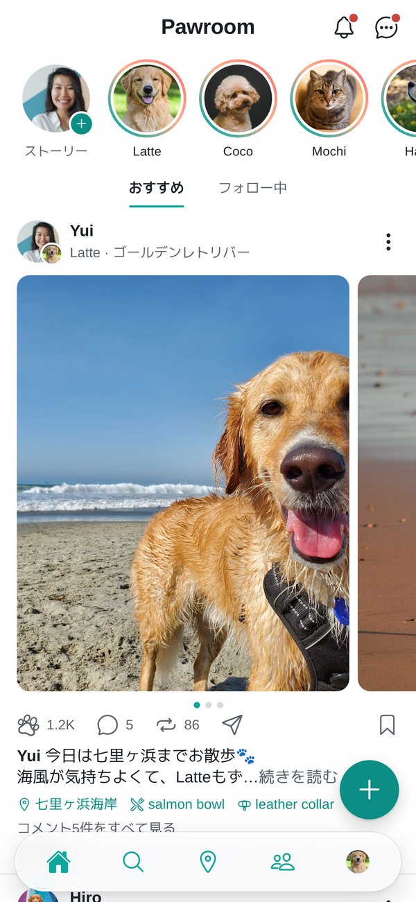 Pawroom のホーム画面。上にストーリーの列、下にゴールデンレトリバーの写真の投稿。