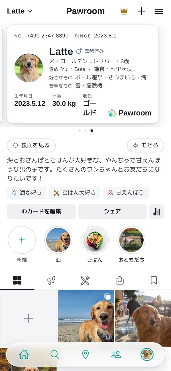 うちの子の ID カード。名前、犬種、誕生日、体重、好きなもの。